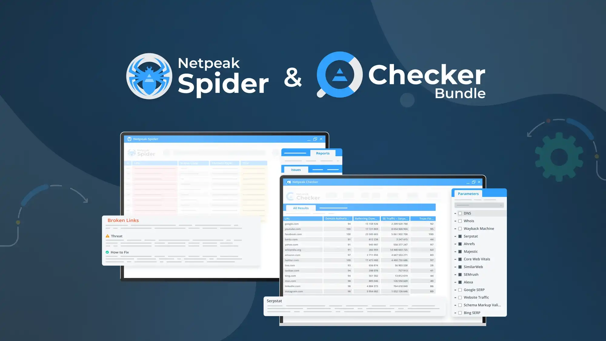Desktop workspace with Netpeak Spider interface showing crawl results, internal link analysis, and technical SEO data in organized columns