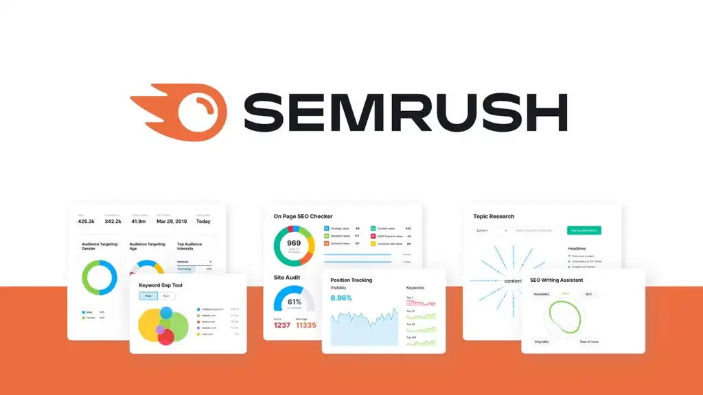 Professional office setup with monitor displaying Semrush interface showing site audit results, error reports, and optimization recommendations