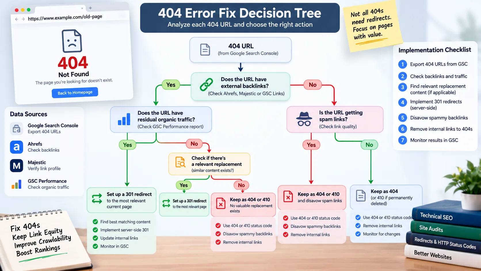 Diagram showing decision tree for handling 404 errors based on backlink profile and traffic history
