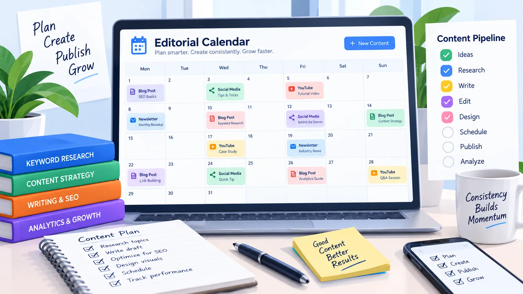 Editorial calendar organization and planning vector showing content scheduling