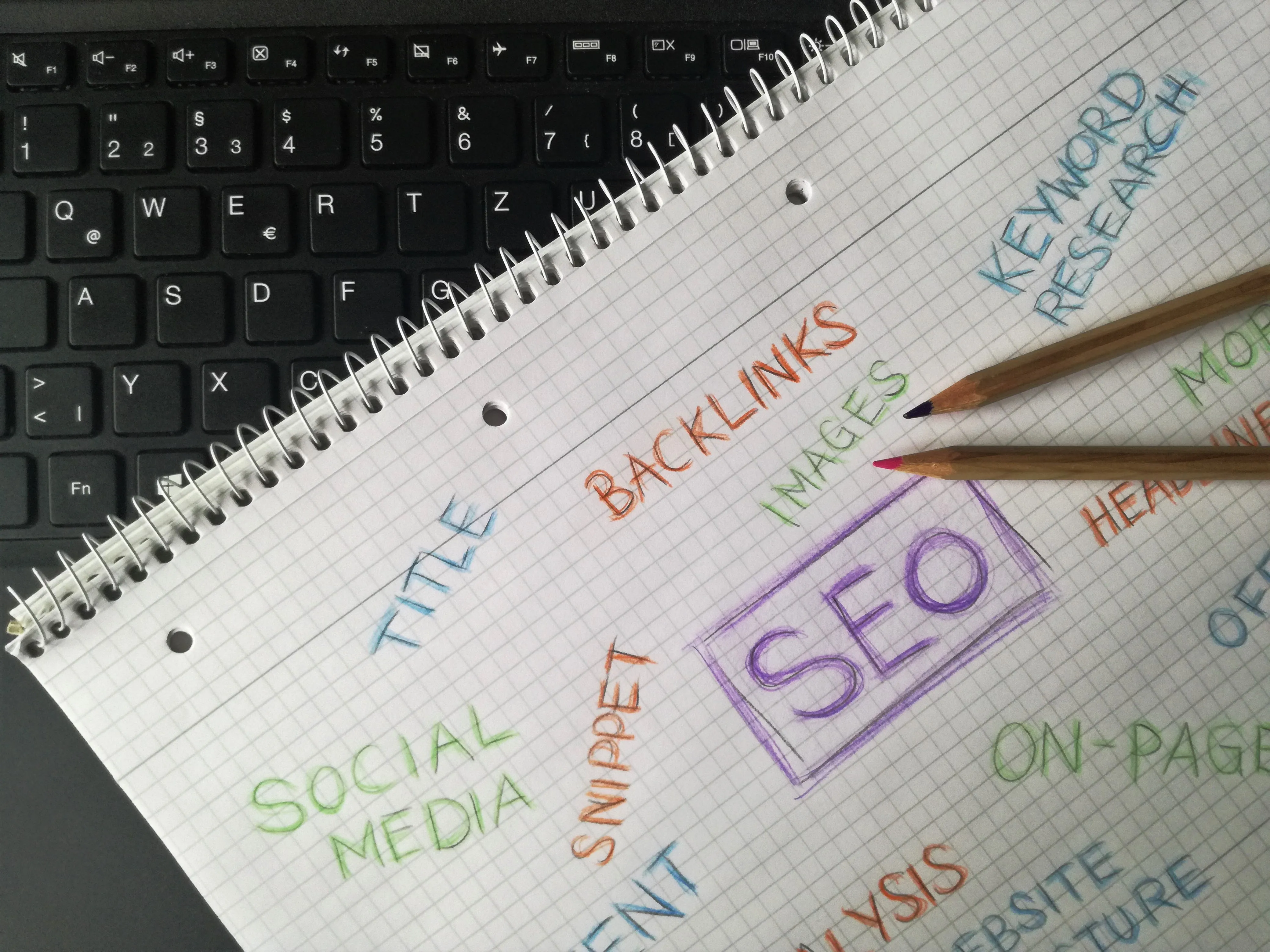 Notebook with SEO keywords and pencil on laptop keyboard showing keyword research planning