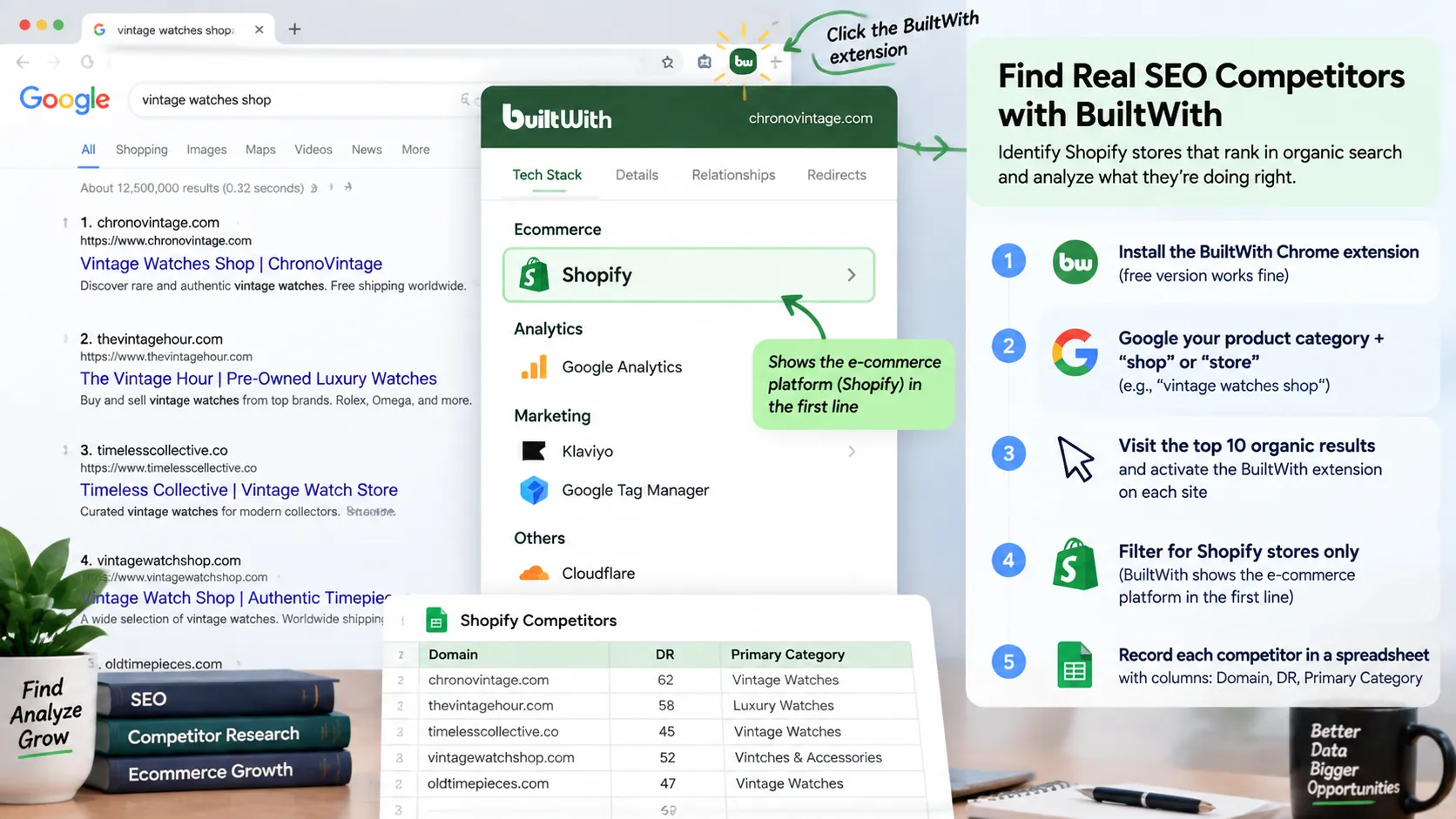 BuiltWith Chrome extension overlay showing Shopify platform detection and tech stack