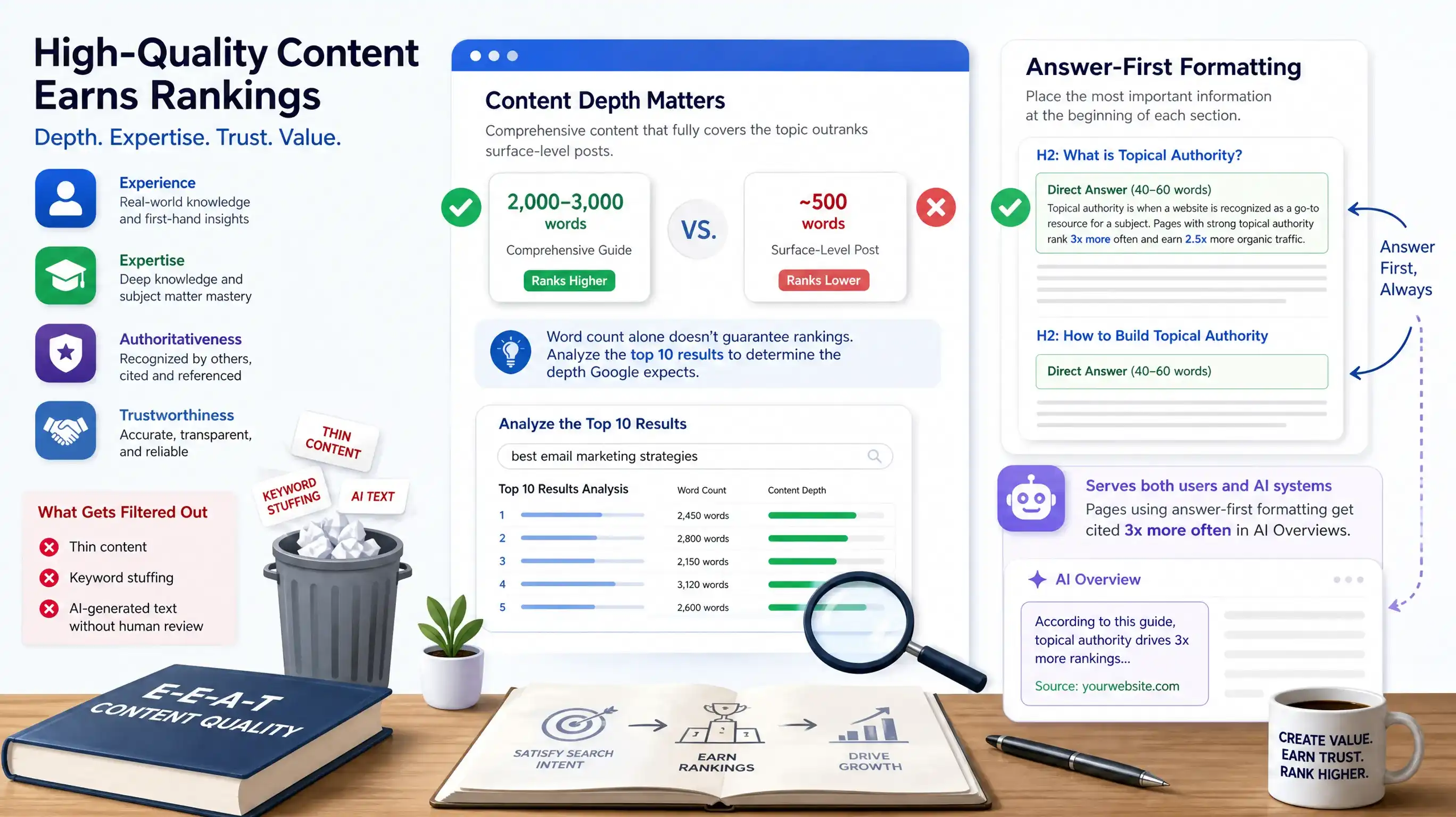 Professional writer at desk with laptop showing content analysis dashboard highlighting readability scores, keyword density, and content structure metrics