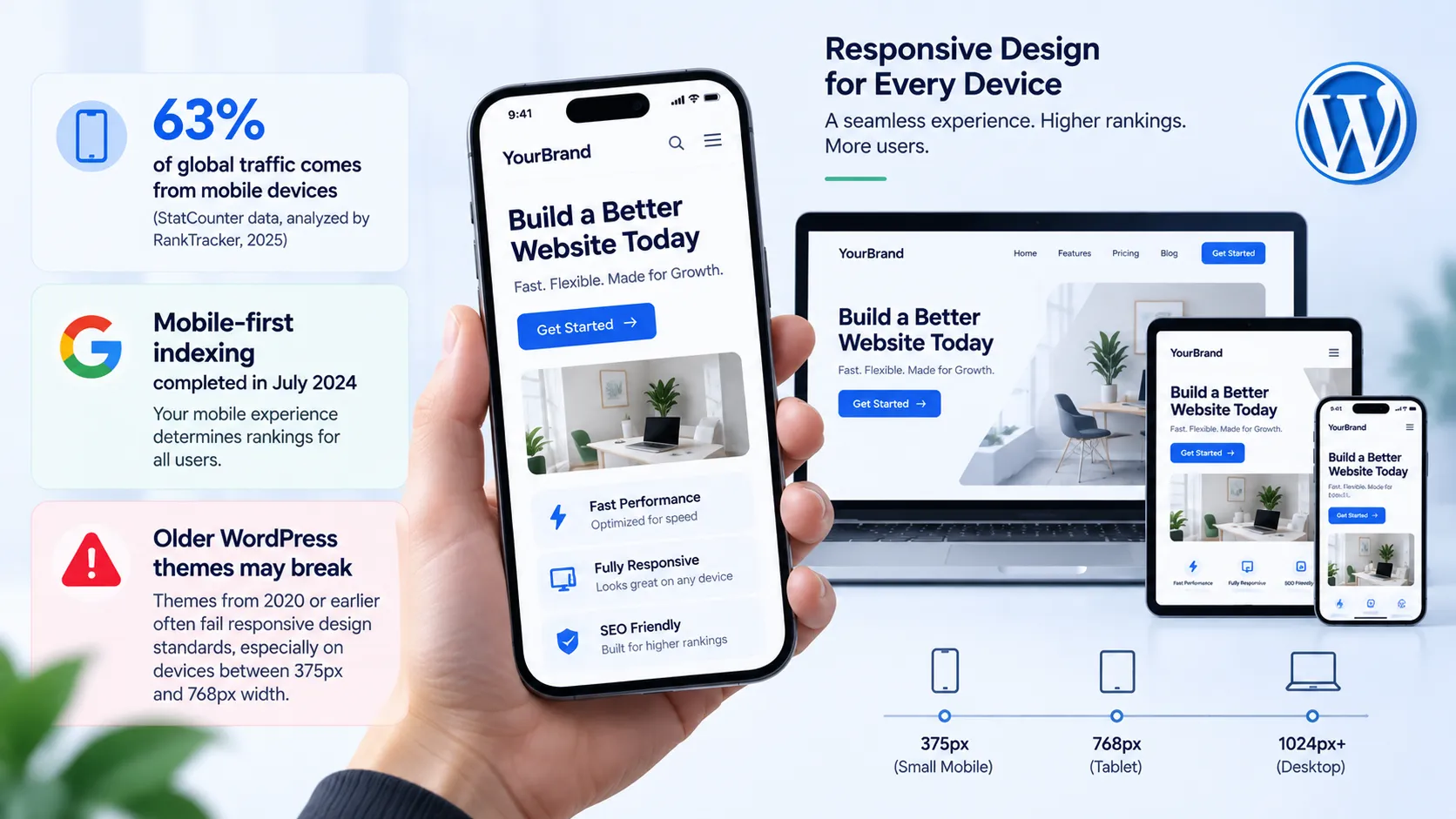 Mobile device displaying responsive web design with modern interface and user-friendly layout